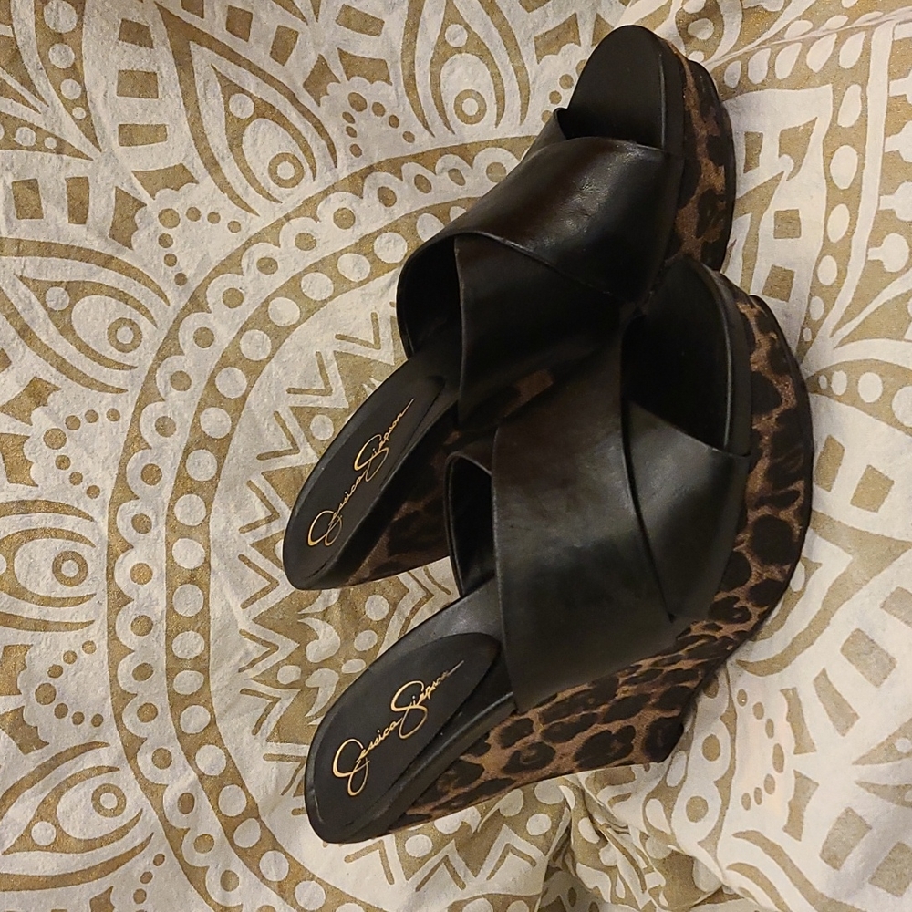 Black and Leopard Print Wedge Sandals